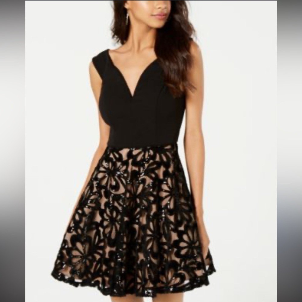 City Studio Black Floral Lace Sequin Fit and Flare Party Dress 13 7711-QJ5B